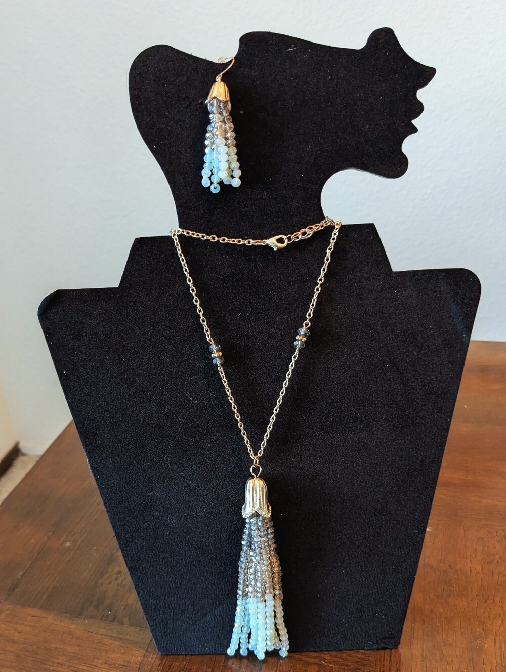 Beaded Tassel Necklace and Earring Set - Ivory Brown Gold